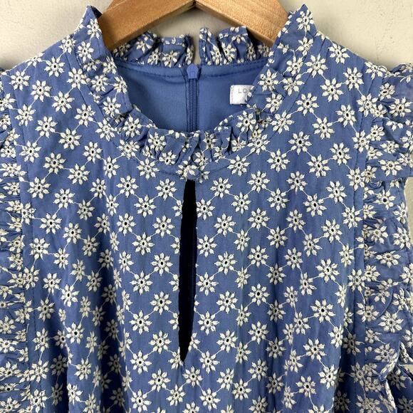 London Times Blue White Floral Daisy Eyelet Ruffle Shirt Dress 4P P4 4 Petite - Picture 5 of 13